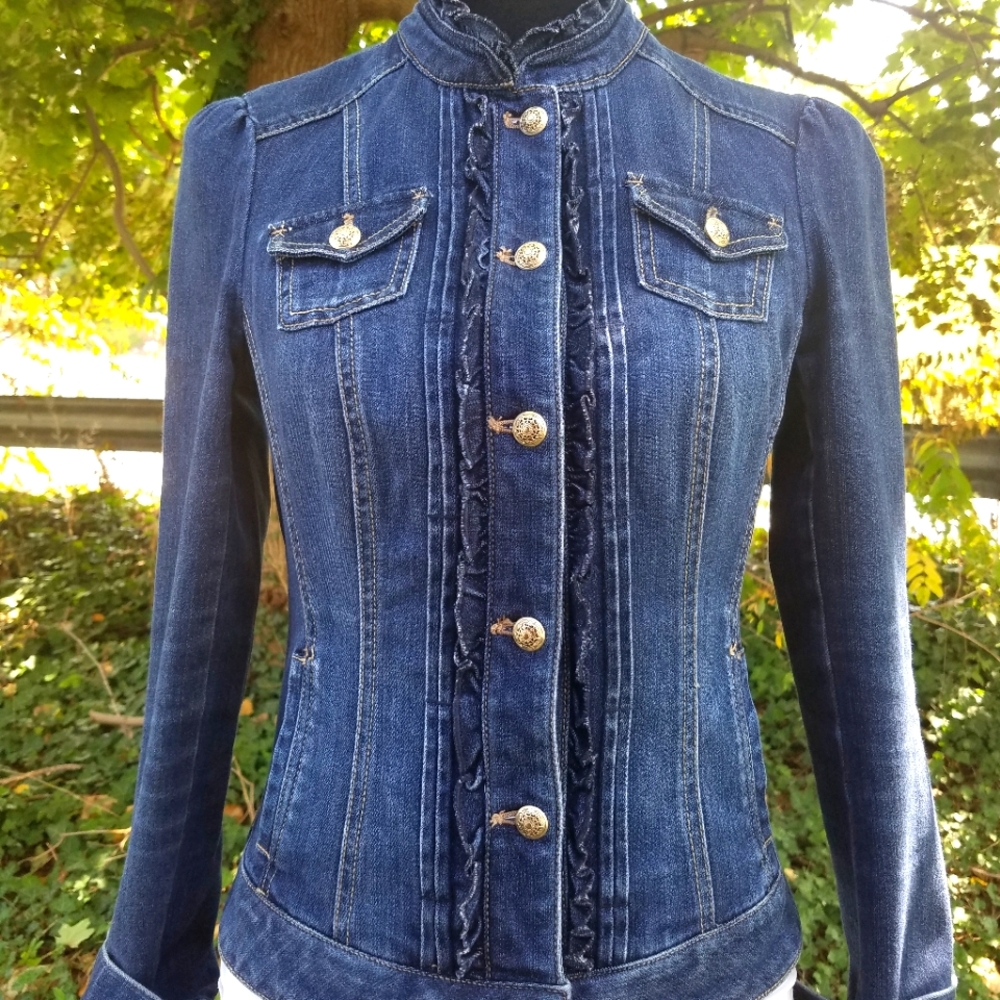 WHBM Ruffle trimmedDenim jackets, medium dark wash